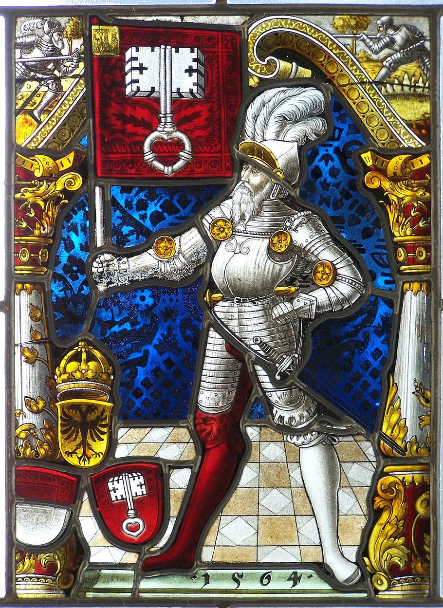 cavaleiro, armadura, vitral, vidro de janela, sulkowski, bielsko biała, 1564, representação, representação humana, arte e artesanato