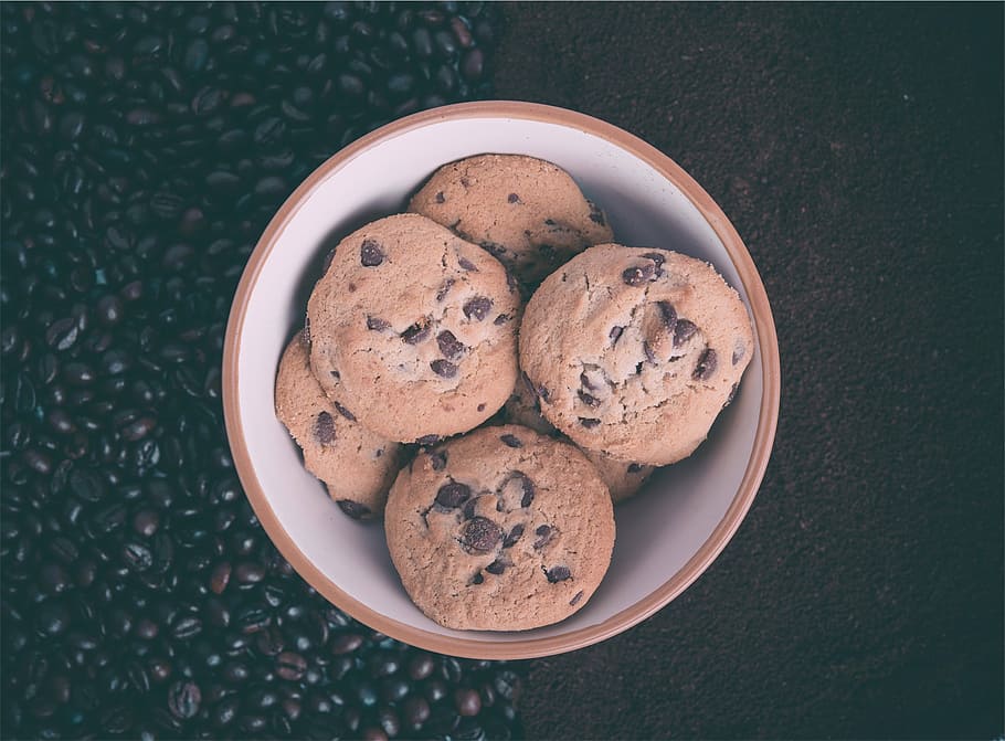 cookies, brown, white, ceramic, bowl, closed, chocolate chip, coffee beans, snack, food