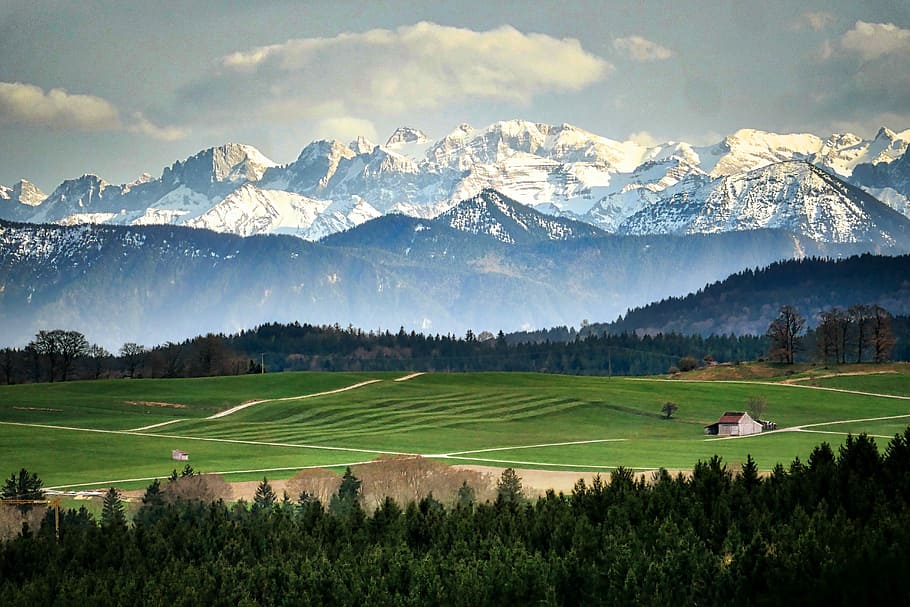 green, field, snow-capped mountain, distnace, panorama, mountain, landscape, nature, sky, alpine