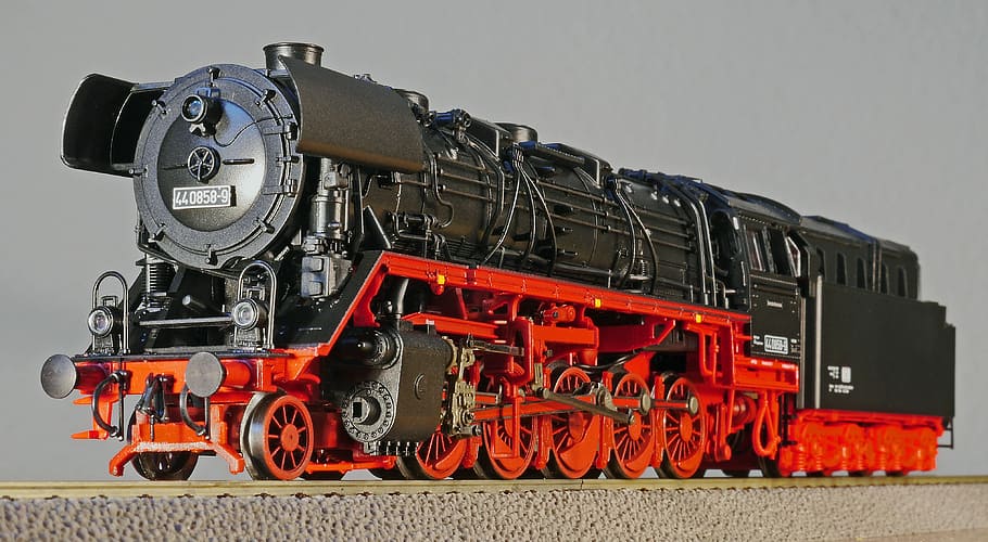 Negro, rojo, tren, locomotora de vapor, modelo, escala h0, br44, br 44, dr, alemán reichsbahn