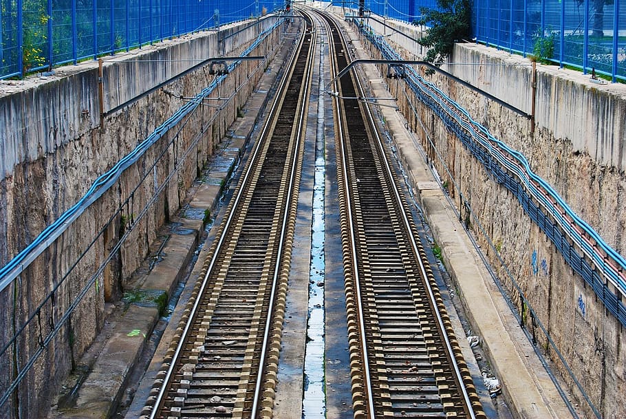 train tracks, railroad, fence, empty, blue, concrete, rail transportation, track, railroad track, transportation