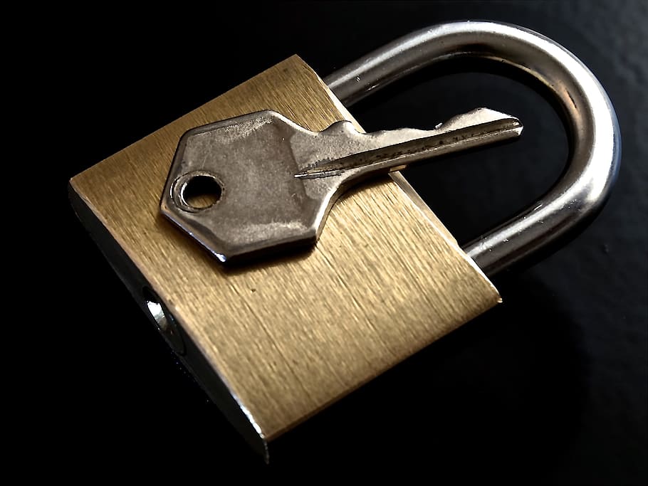key, brass padlock, Padlock, U-Lock, Closed, Metal, shiny, backed up, golden, security