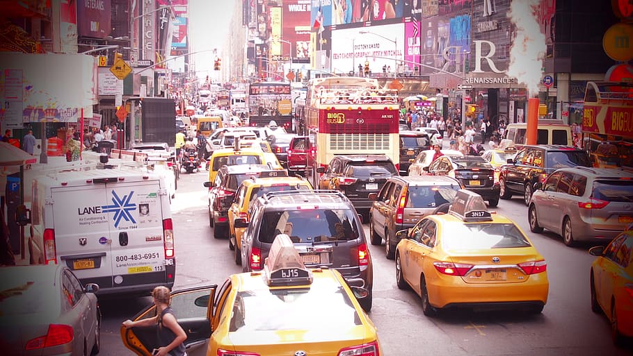 Time Square, Nova York, Geléia, carro, lotado, transporte, cidade, hora do rush, movimento, modo de transporte