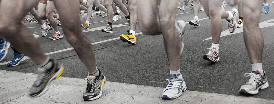 low, angle photography, people, running, concrete, road, having fun, fun run, event, shoes