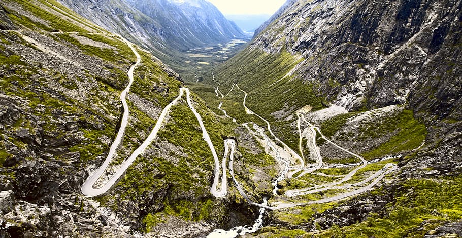 aerial, photo road, mountain, Trollstigen, Road, Serpentine, Norway, places of interest, landscape, nature