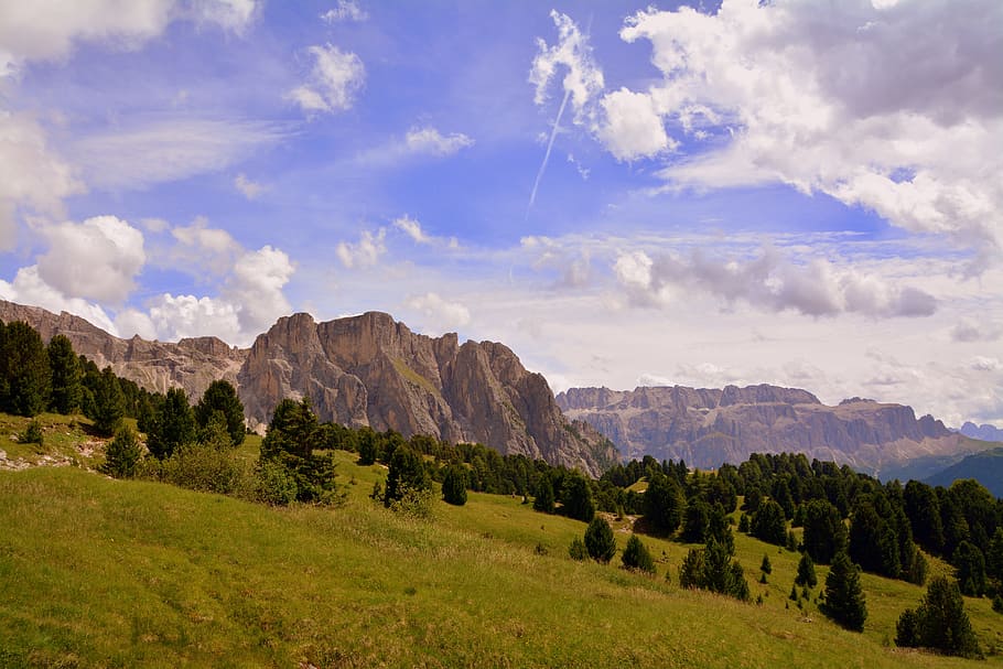 dolomites, mountain, prato, rock, clouds, sky, nature, landscape, italy, the group of the sella