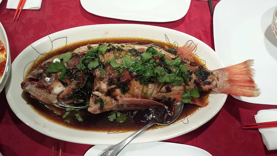 peixe, jantar, chinês, cozido no vapor, frutos do mar, saboroso, molho de soja, comida, refeição, prato