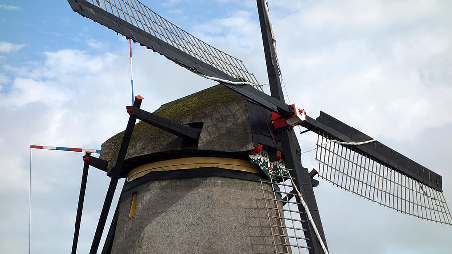 mill, wind mill, wicks, mill blades, mill detail, holland, netherlands, landscape, dutch landscape, kinderdijk
