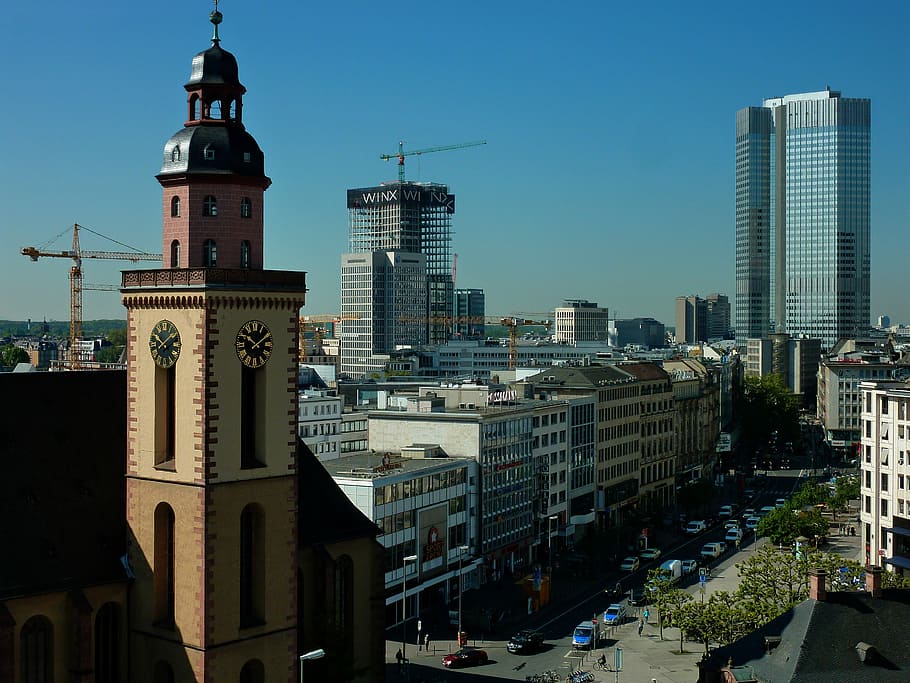 Frankfurt, Guindaste, Construir, Arranha-céu, Guindastes, trabalhos de construção, edifício de escritórios, canteiro de obras da cidade, arranha-céus, local