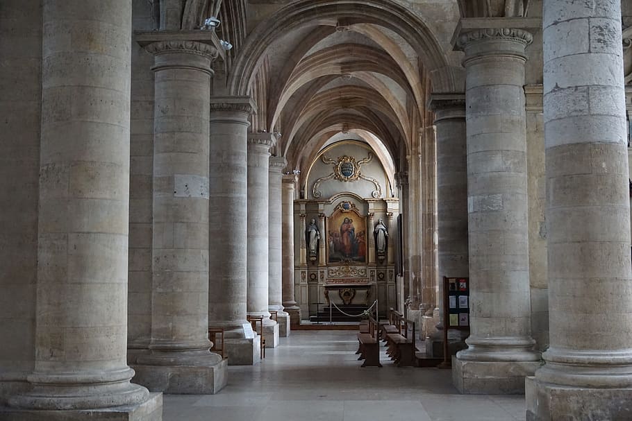 Iglesia, católica, Francia, Le Havre, religión, columna arquitectónica, corredor, arquitectura, interiores, historia