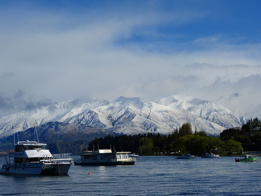 mountains, snow, otago, new zealand, lake, ships, nautical vessel, water, transportation, mode of transportation