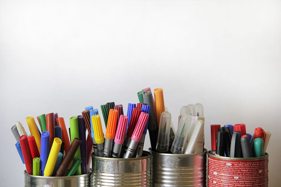 assorted, colored, markers, stainless, steel canisters, stainless steel, canisters, color, pencils, drawing