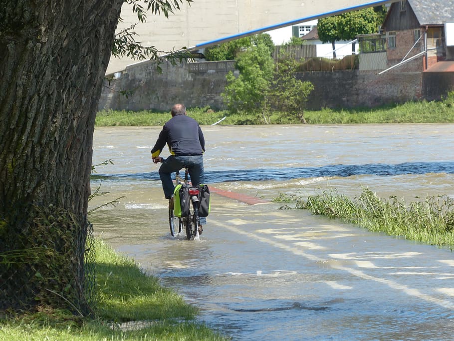 High Water, Cyclists, Get Wet, wet, attempt, water, deep, too low, danube, cycle path