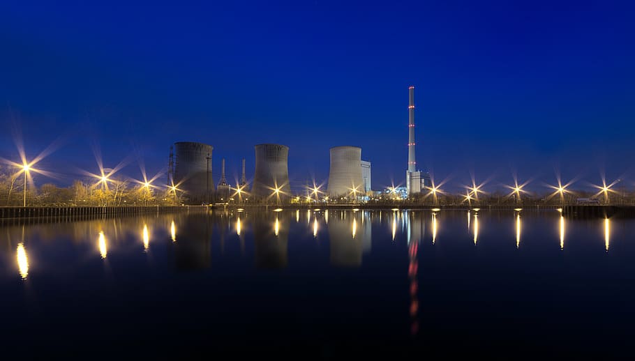 white concrete buildings, power plant, night, energy, power supply, power station, ruhr area, industry, architecture, night photograph