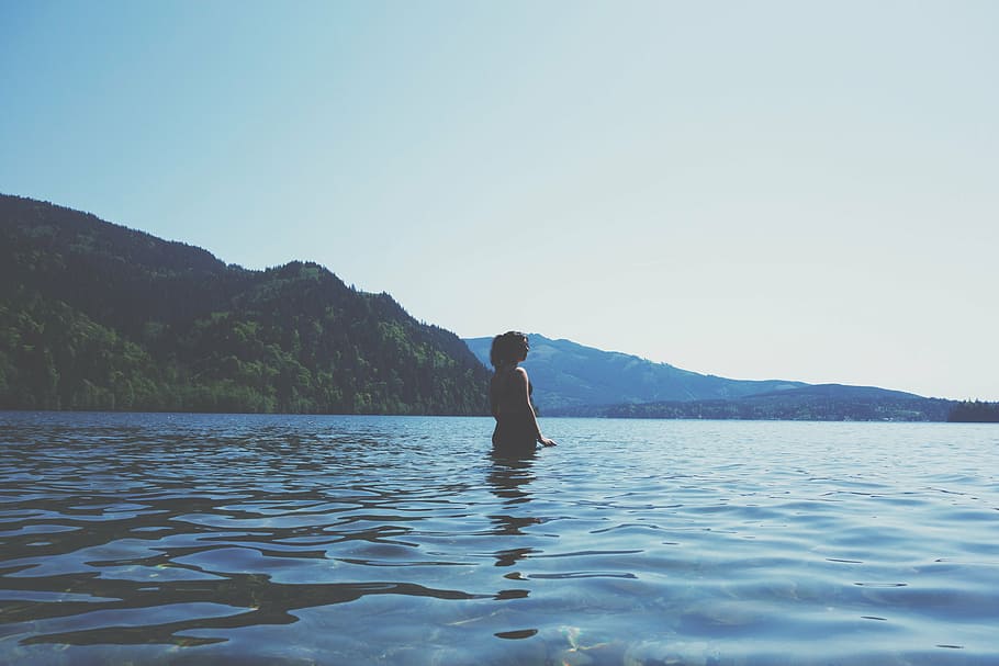 woman, standing, water, person, daytime, girl, lake, mountains, landscape, nature