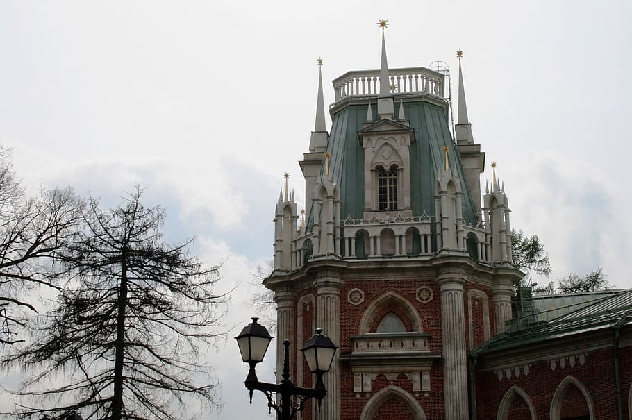palace, gothic, russian, building, red, white, light, green, towers, eerie