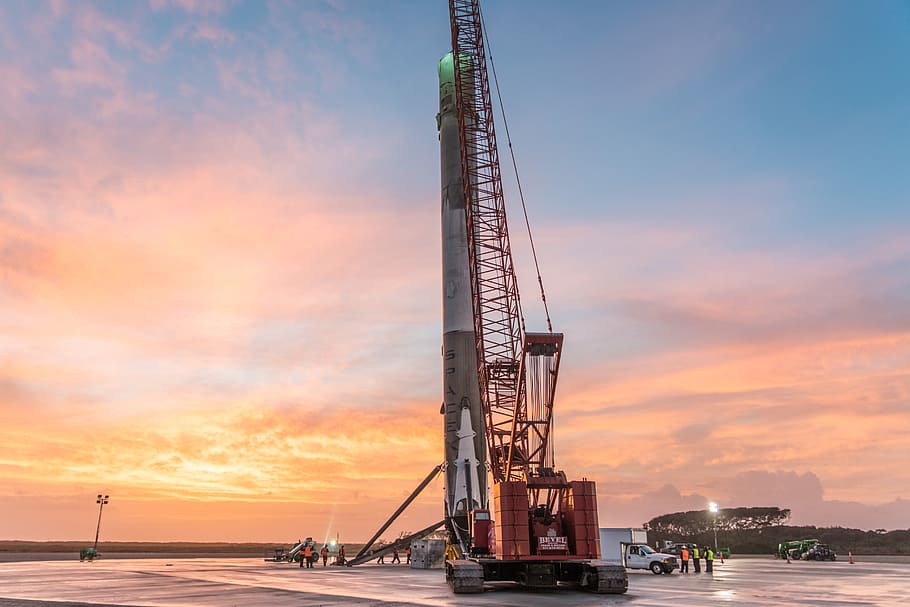 Falcon 9, LZ 1, architectural, photography, crane, tower, sky, sunset, industry, cloud - sky