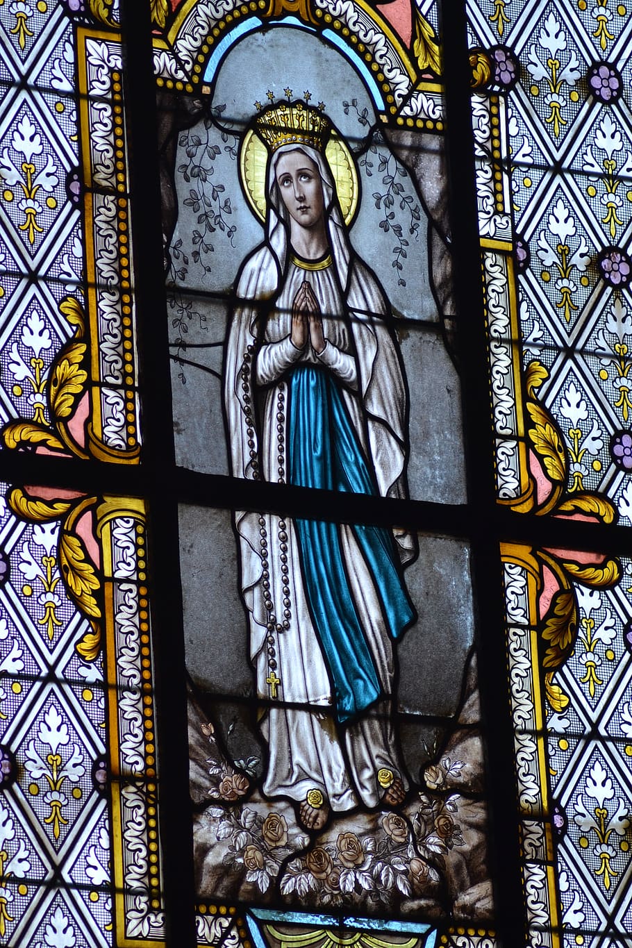 stained glass, window, church, woman, sainte, mary, immaculate conception, crowned, halo, beautiful