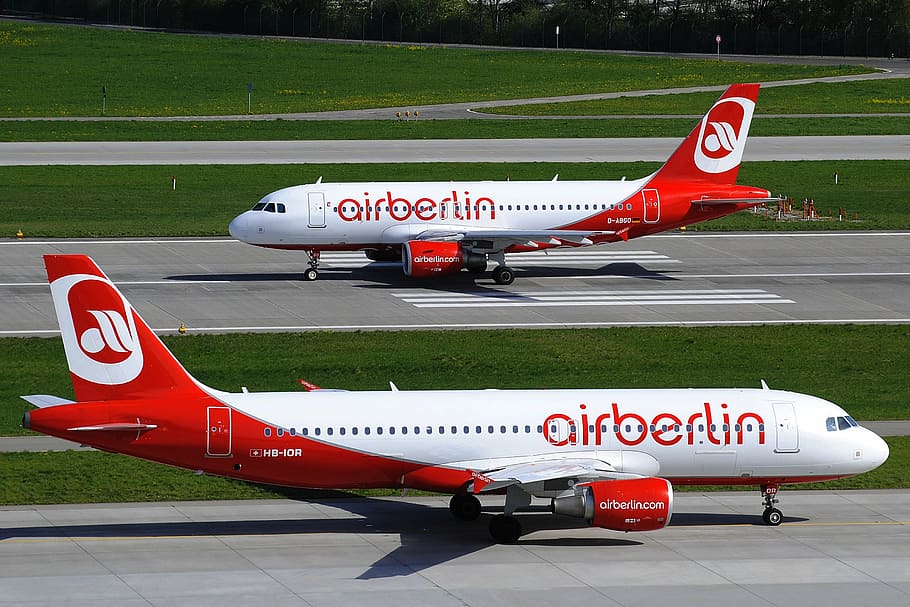 two airberlin airlines, airberlin, airport, landing strip, airbus, berlin, air, aeroplane, airplane, aviation