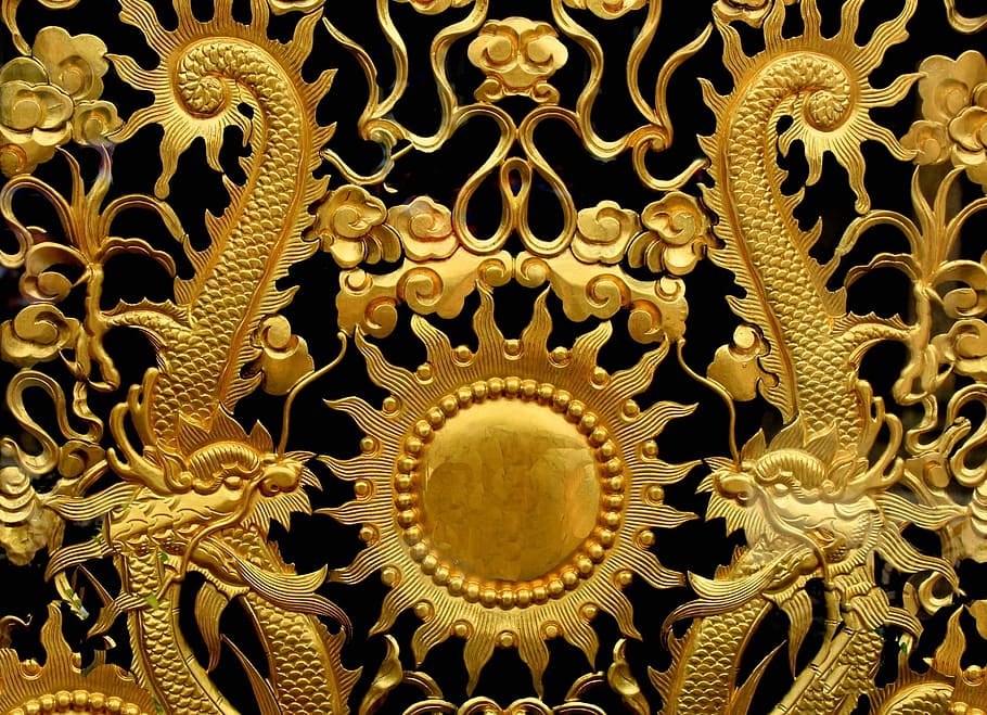 gold-colored dragon decor, gold, ornament, golden sun, decoration, wall, bird, decor, abstract, twirl
