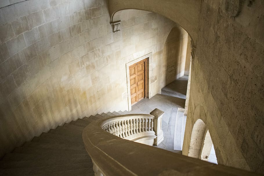 empty, downstairs, closed, door, distance, ladder, palace, carlos v, architecture, stairway