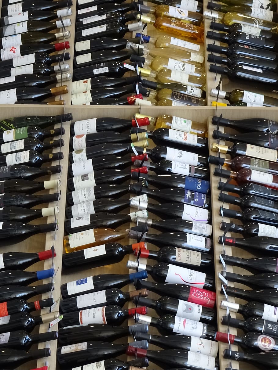 botol, anggur, pesanan, anggur merah, rak botol anggur, minuman, mosaik, kilang anggur, sekelompok besar objek, bingkai penuh
