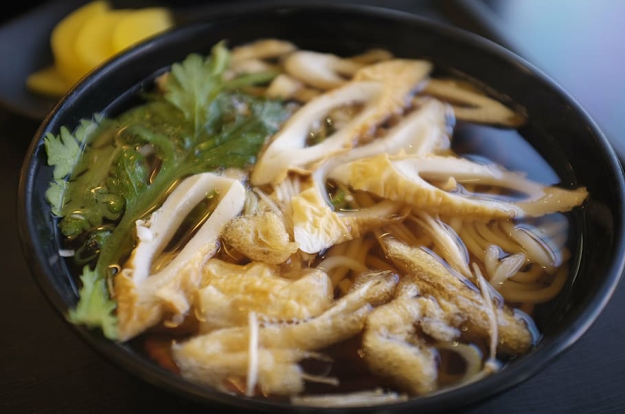closeup, meat, round, black, ceramic, bowl, udon noodles, fishcake, warmth, food photography
