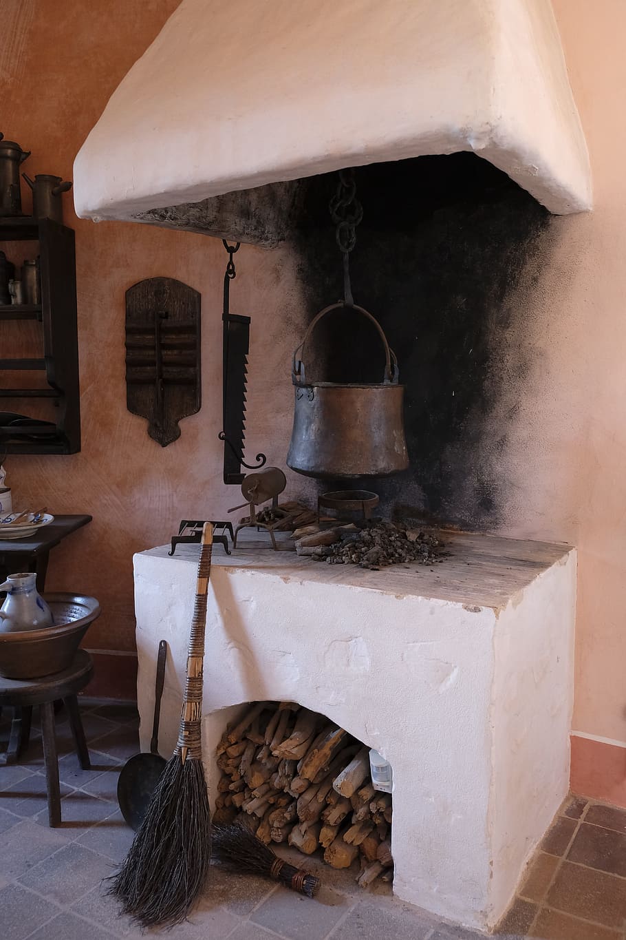 cocinero, zona de cocción, chimenea, horno, caldera, olla, antiguo, históricamente, caldera de agua, comida y bebida