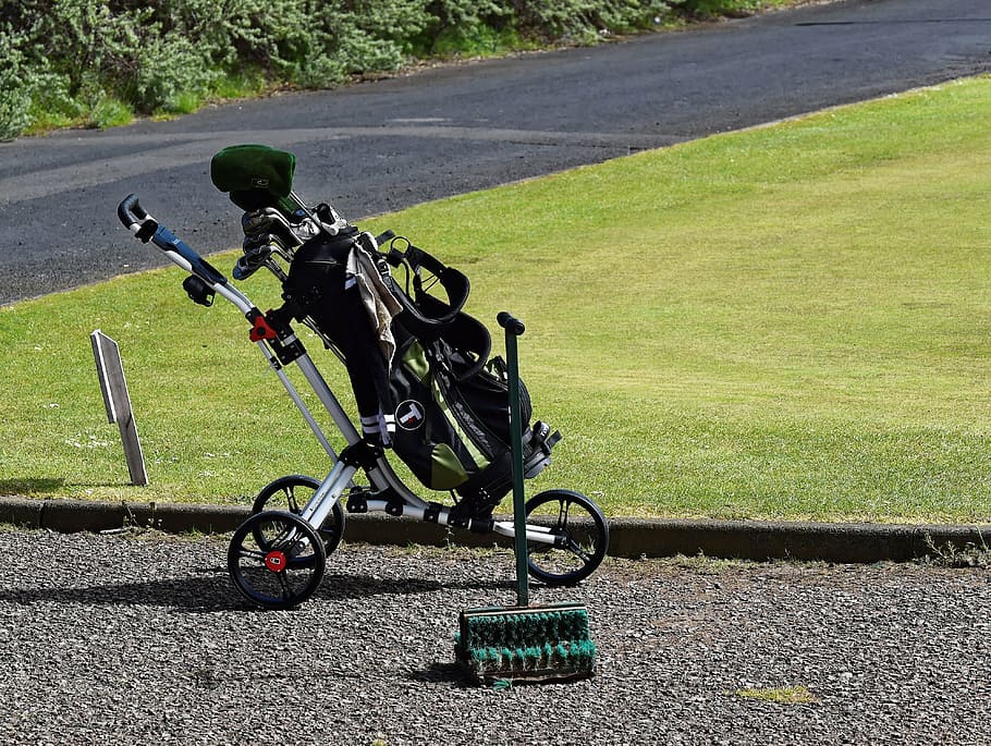 black, gray, golf bag, trolley, field, golf, golf course, putting green, golf clubs, cart