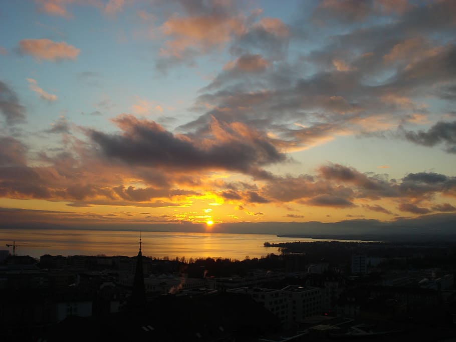 Sunset, Lake, Lake Geneva, Lausanne, sunset, switzerland, twilight, sky, lake, clouds, nature
