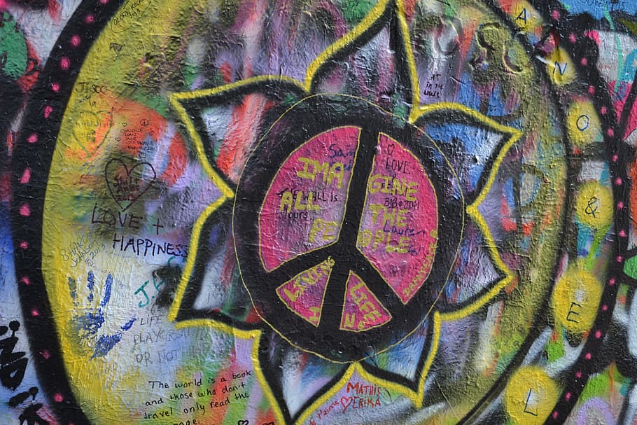 round, multicolored, peace sign wall art, lennon wall, prague, graffiti, love, spray, symbol, urban