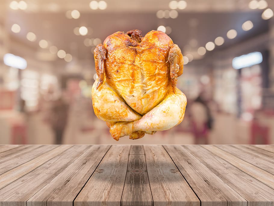 selective, focus photo, roasted, chicken, bokeh effect background, turkey, wood, table, thanksgiving turkey, floating