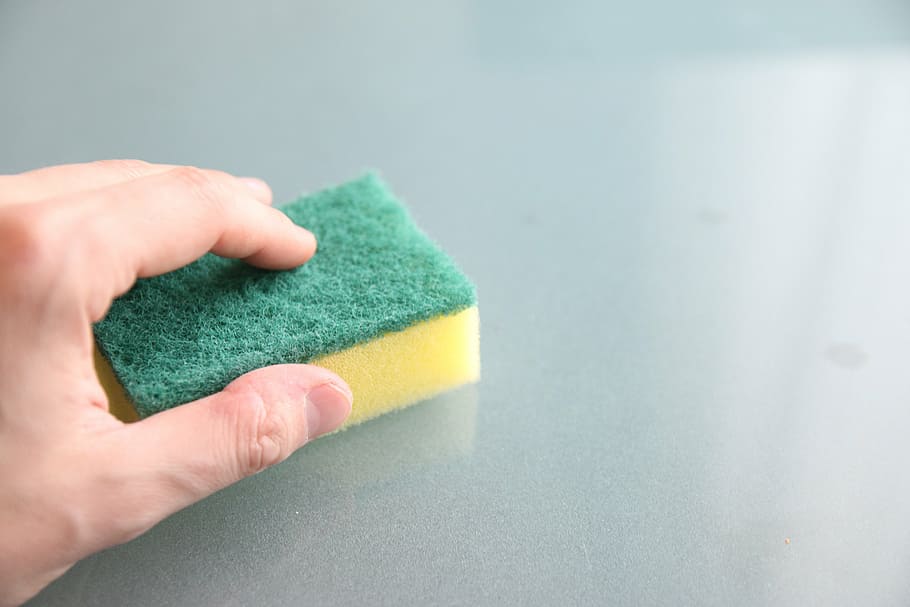 person, holding, yellow, green, sponge, cleaning, washing, cleanup, washcloth, the hand