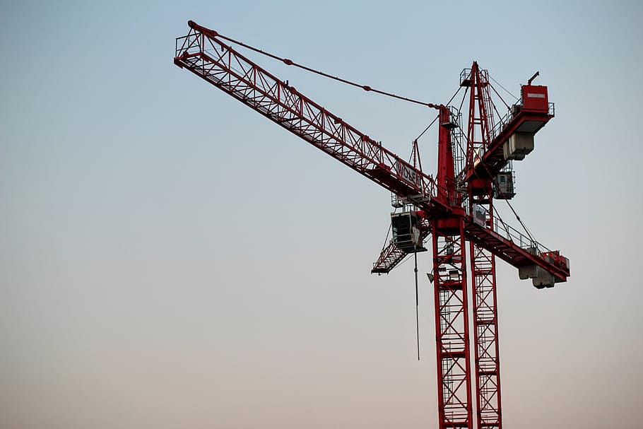 red, gray, tower crane, baukran, load crane, build, crane, construction machinery, crane hooks, industrial crane