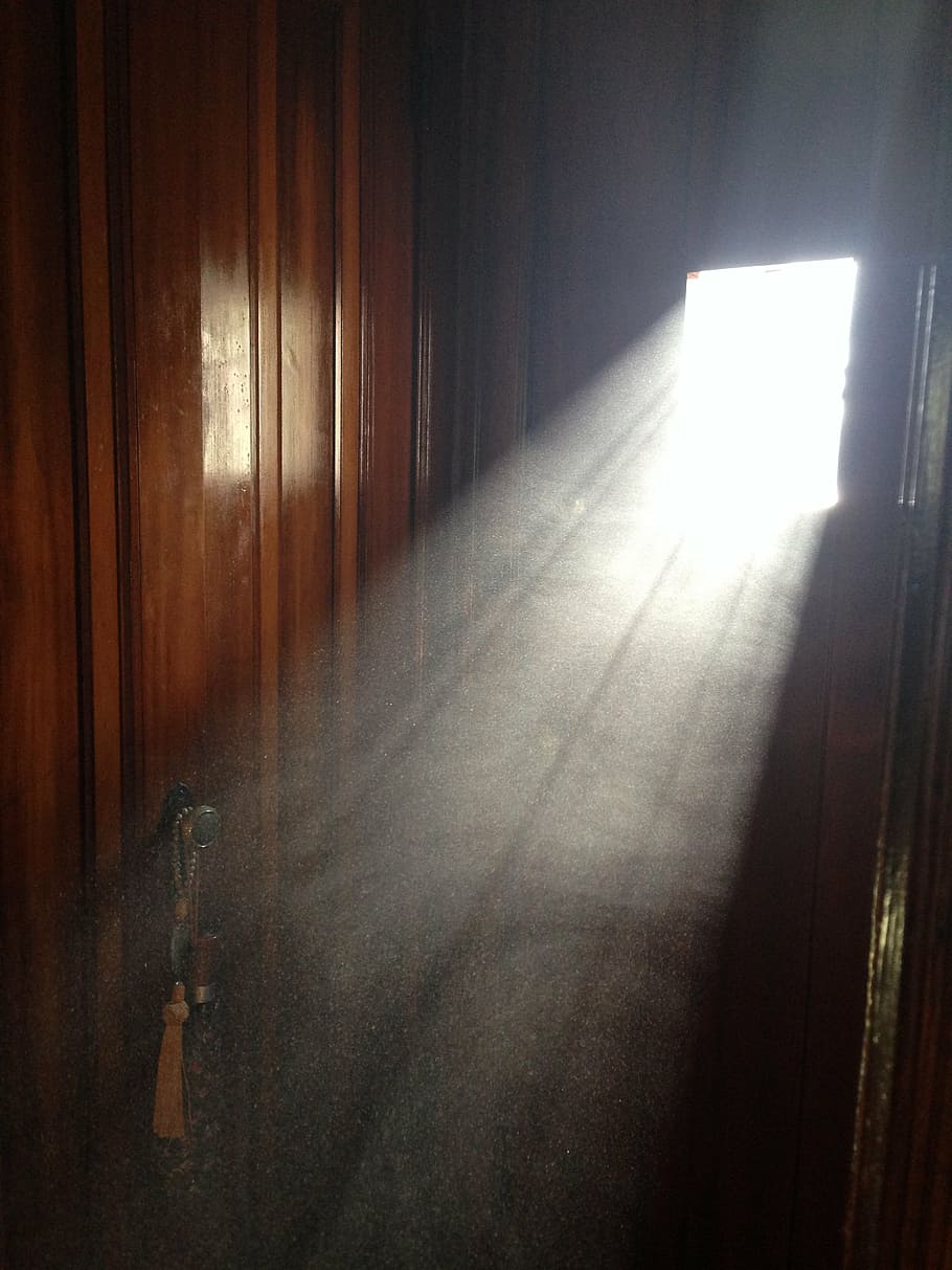brown, wooden, door, white, beam, sun, dust, doorway, window, sunlight