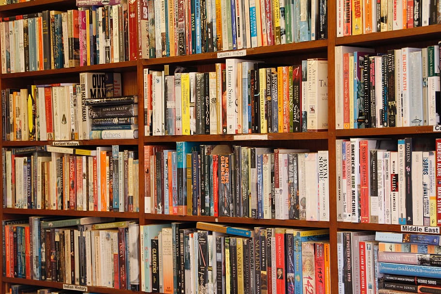 books, bookshelf, read, book, collection, arrangement, library, shelf, borrow, publication