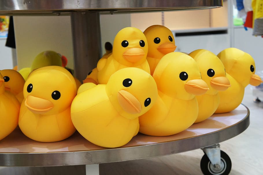ducklings toys, tier table, duck, toys, child, cute, fun, yellow, food, rubber duck