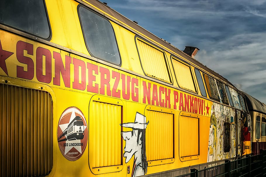 yellow, sonderzug nach pankow-printed train, udo lindenberg, panic, president, special train, db, historically, nostalgia, train