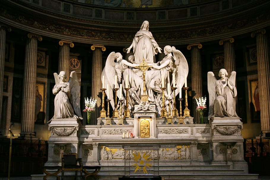 white, concrete, angel statues, madeleine, mary magdalene, sculpture, altar, church, paris, statue