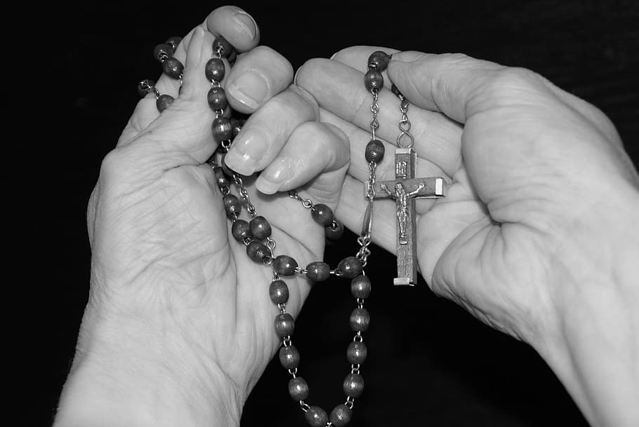 person, holding, rosary beads, pray, rosary, faith, religion, contemplative, prayer, cross