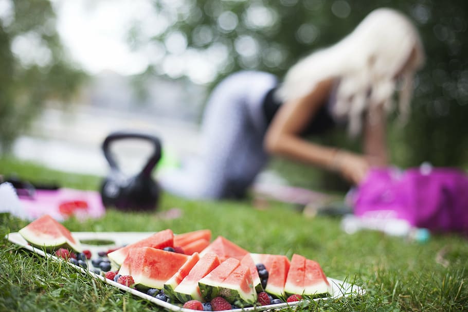 sliced, watermelons, berries, tray, green, field, work out, watermelon, healthy, lifestyle