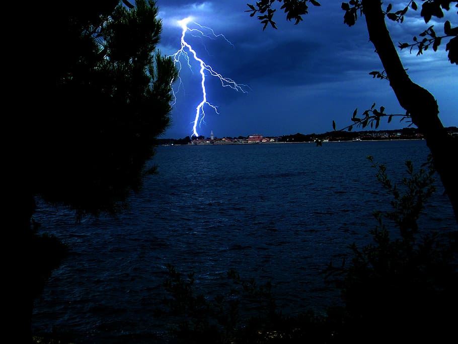 lightning strikes, high, rise building, side, lake, Lightning, Storm, Sea, Croatia, lightning, storm
