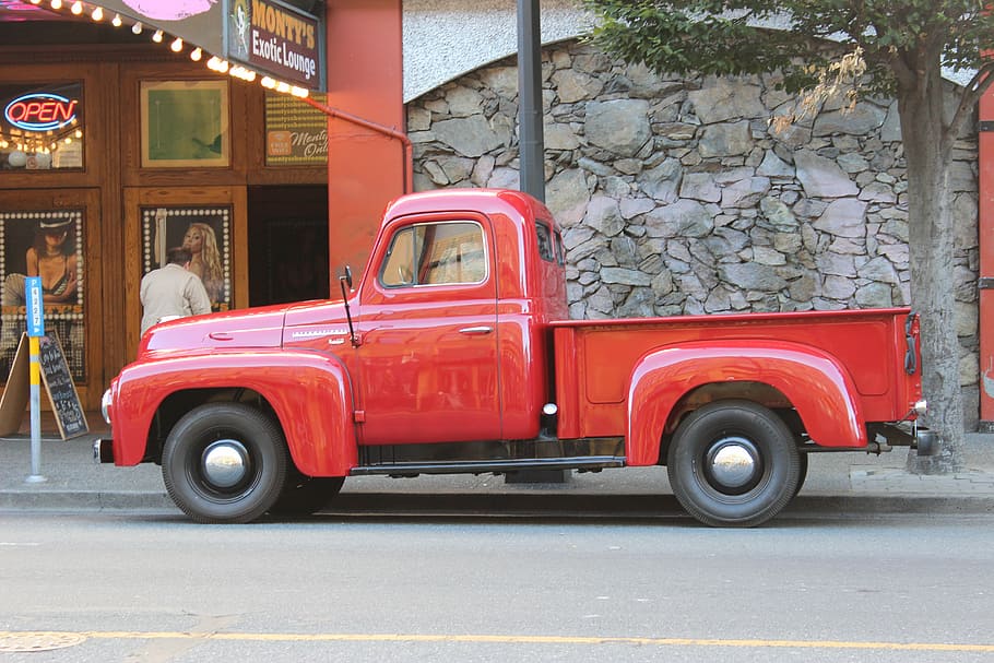 red, single, cab pickup truck, parked, sidewalk, tree, pickup truck, truck, old, red truck