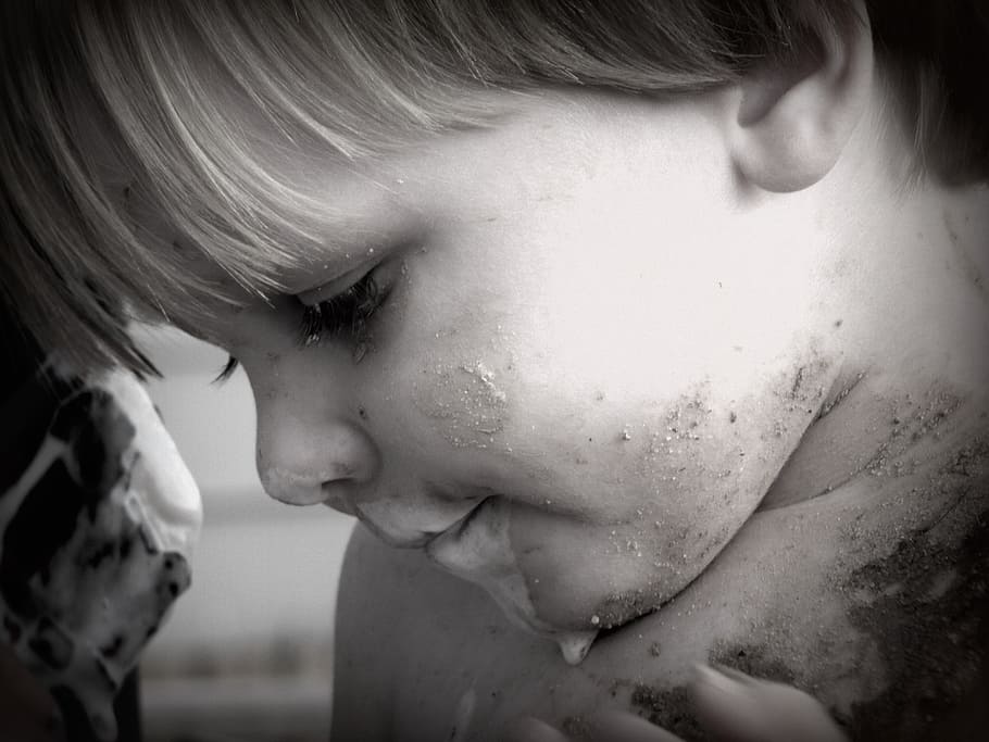 boy, muddy, dirty, playing, eating, ice cream, black and white, face, childhood, child