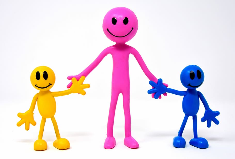 three, human, figure, holding, hands illustration, mother with children, smilies, funny, together, figures