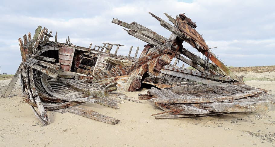 naufragio, roto, demolido, abandonado, oxidado, arena, barco, chatarra, dañado, tierra