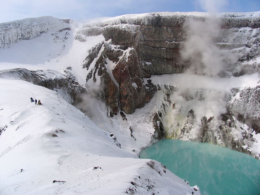 gorely volcano, crater, kamchatka, acid lake, snow, landscape, mountain, winter, nature, slopes