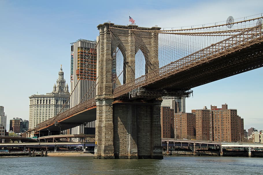 daytime, river, manhattan, nyc, landmark, downtown, new York City, brooklyn Bridge, brooklyn - New York, manhattan - New York City
