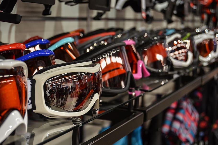 surtido, gafas, vidrio, invierno, esquí, exposición, tienda, compras, compra, negocios