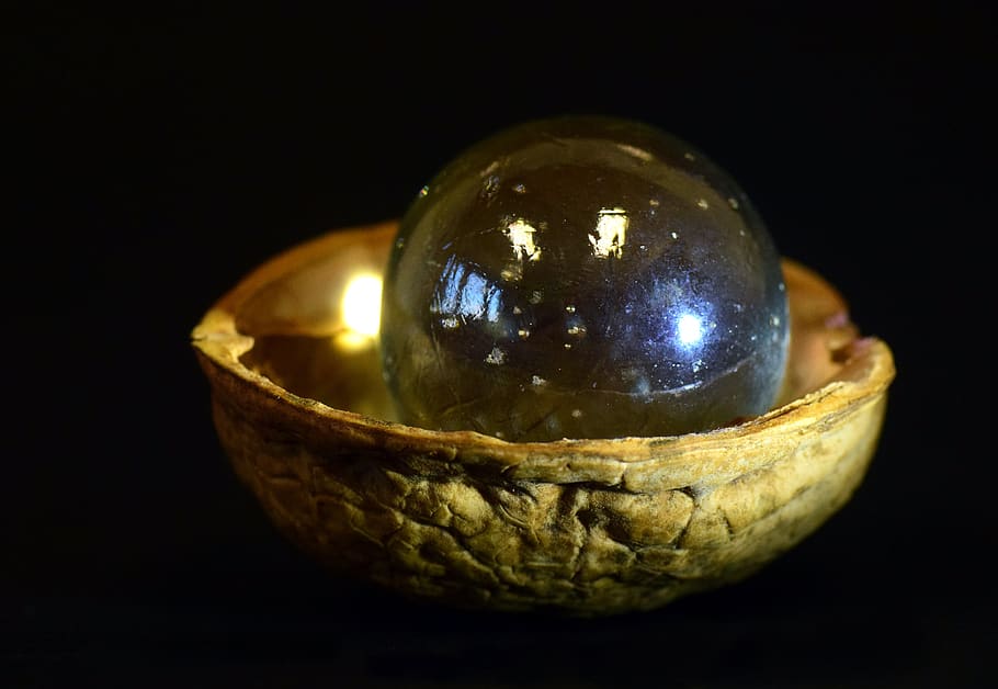 mármol, cáscara de nuez, vidrio, madera, pequeño, redondo, transparente, brillante, mármol de vidrio, bola de cristal